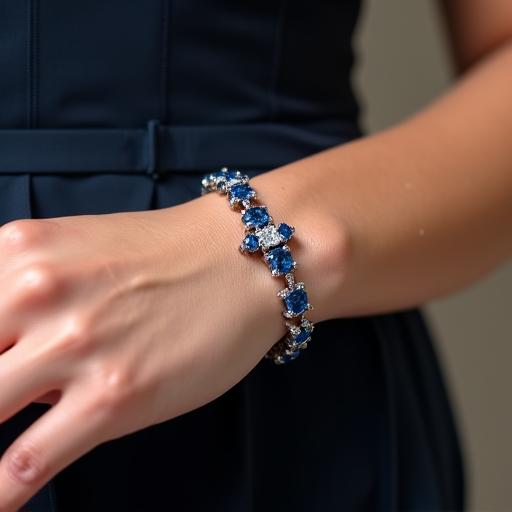 A custom-designed diamond and sapphire bracelet on a wrist.