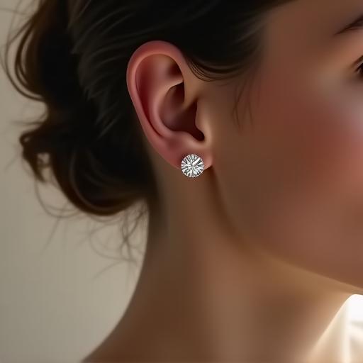 Classic diamond stud earrings sparkling on a model.