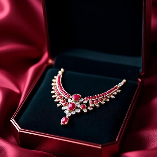 A ruby and diamond necklace displayed in its box.