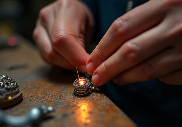 Close-up of an artisan's hands setting a gemstone.
