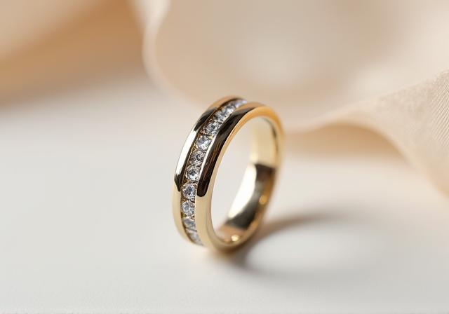A sleek platinum and gold band with a single inset diamond.