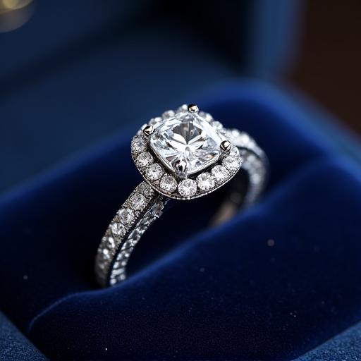 A stunning bespoke engagement ring on a velvet cushion.