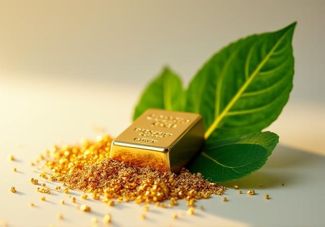 A gold ingot next to a fresh green leaf, symbolizing ethical sourcing.