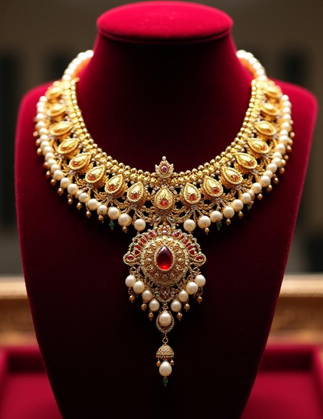 An opulent, traditional Indian wedding necklace.